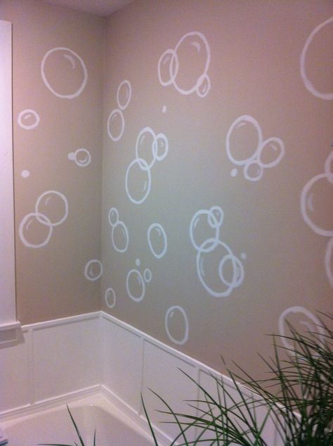 Bathroom accent wall - bubbles! Painting Bubbles On Wall, Bubble Bathroom Theme, Bubble Mural, Bubble Wall Decor, Bathroom Mural Ideas, Bathroom Murals, Bathroom Mural, Bathroom Wall Decals, Small Shower