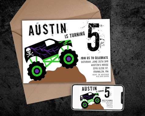 Grave Digger Party, Digger Party, Monster Jam Trucks, Monster Truck Birthday Party, Digger Birthday, Sports Birthday Invitations, Truck Birthday Party, Gift Card Template, Monster Trucks Birthday Party