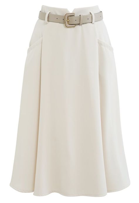 Front Pockets Belted Midi Skirt in Ivory - Retro, Indie and Unique Fashion Belted Midi Skirt, Tailored Skirt, Dressy Casual Outfits, Led Dress, Book Clothes, Fashion Buyer, Straight Skirt, Fashion Line, Mecca