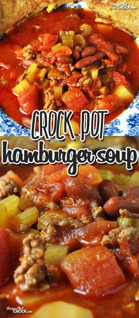 This Crock Pot Hamburger Soup has it all! Super easy, great flavor, meat, veggies and goes great with a grilled cheese! Beefy Soups, Boo Choy, Crock Pot Hamburger Soup, Cheesy Veggies, Crock Pot Hamburger, Soup Hamburger, Hamburger In Crockpot, Crock Pot Vegetables, Hamburger Vegetable Soup