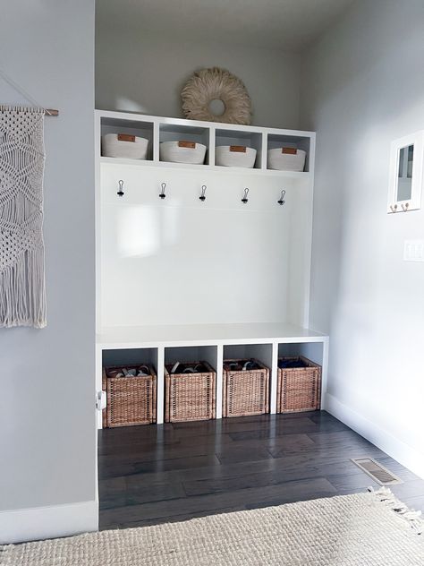 Neutral Mudroom Mudroom With Baskets, Mud Room Storage Baskets, Mud Room Basket Storage, Mudroom Storage Baskets, Mudroom Baskets Cubbies, Mudroom Baskets, Neutral Mudroom, Mud Room Baskets, Small Moody Office