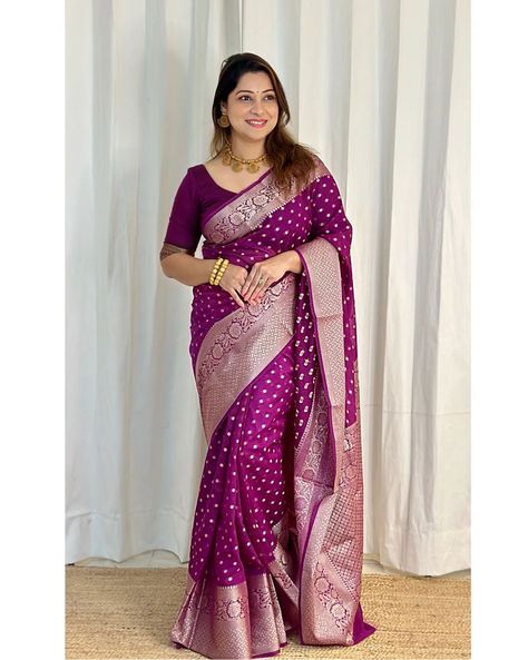 Price 1399 free shipping *BANARSI SEMI GEORGETTE SILK SAREE* full body Jacquard weaving zari design Fancy meena buta wath banarsi border Rich heavy pallu And blouse Premium quality saree Book fast ⏩⏩⏩⏩ 🍀🍀🍀🍀🍀🍀🍀🍀 Georgette Silk Saree, Purple Saree, Purple Fabric, Banarasi Sarees, Jacquard Weave, Blouse Length, Whatsapp Group, Blouse Piece, Woman Colour