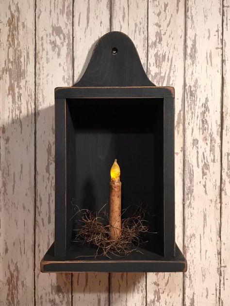 Primitive Wood Wall Coach Light Taper Candle Box- Hang or Sitter - 16.5" high Grungy Candles, Primitive Shelves, Primitive Country Homes, Country Lighting, Country Primitive Decor, Primitive Candles, Primitive Walls, Coach Lights, Woodworking Inspiration