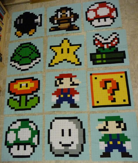 Super Mario Quilt blocks | Flickr - Photo Sharing! Bomb a bomb Mario Quilt Pattern, Mario Quilt, Pixel Quilt Pattern, Mario Crochet, Pixel Quilting, Super Mario Birthday, Quilting Videos, Mario Birthday, Super Mario Brothers