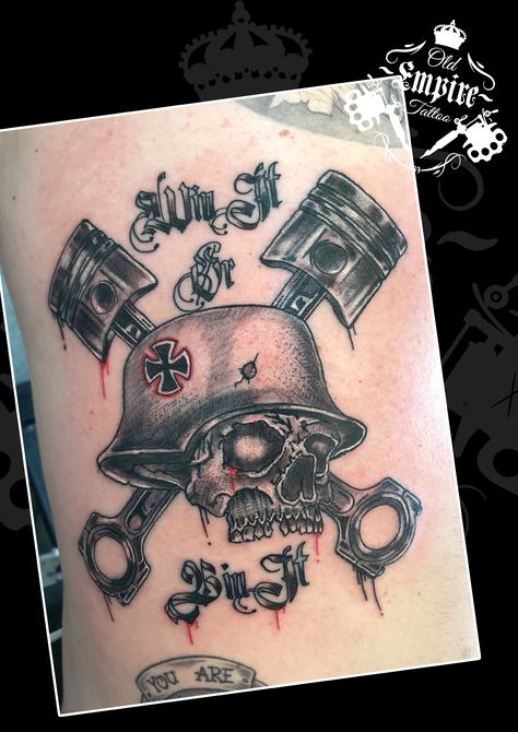 Gearhead Tattoo Ideas, Petrolhead Tattoo, Gear Head Tattoo, Motorhead Tattoo, Trucker Tattoo, Hot Rod Tattoo, Tattoo Espalda, Gear Tattoo, Evil Skull Tattoo