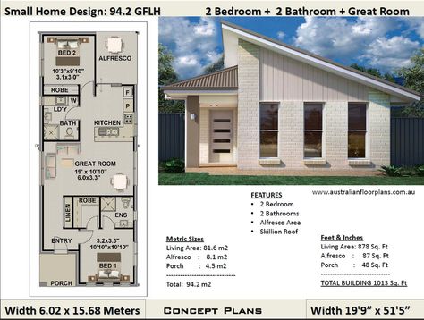 Small House Plan 1000 Sq Foot 94.2 Sq Meters 2 Bedroom | Etsy House Frontage, Granny Flat Plans, Flat House Design, Starter Homes, House Plans Australia, House Plans For Sale, Accessible Design, Small Cottage House Plans, 1000 Sq Ft