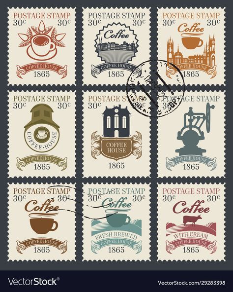 Vintage Stamp Design, Coffee Stickers Printable, Vintage Labels Printables Free, Old Postage Stamps, Vintage Labels Printables, Aesthetic Frame, Coffee Stamps, Coffee Vector, Paper Background Design