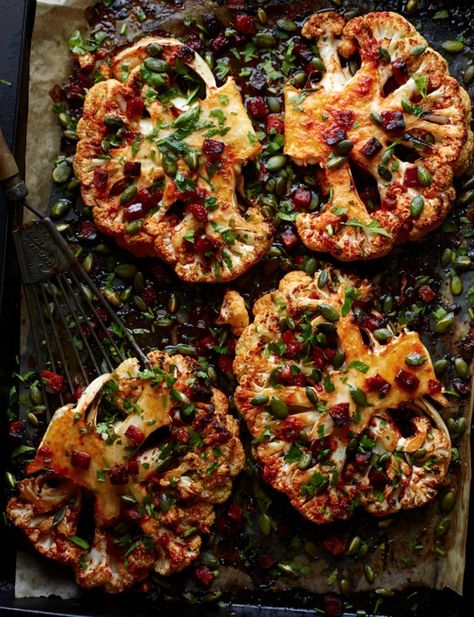 Cauliflower steaks with chorizo - Sainsbury's Magazine Cauliflower Chorizo, Low Carb Cauliflower Recipes, Seared Salmon Recipes, Bulgur Wheat, Plats Healthy, Steak Side Dishes, Cauliflower Steaks, Cauliflower Recipes, Veggie Dishes