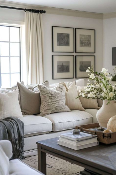 How to Use a Monochromatic Theme to Create a Beautiful Home - Melanie Jade Design Traditional White Living Room, Classic Modern Home Decor, Classical Home Decor, Neutral Vintage Living Room, Living Room Transitional Style, American Decor Living Room, Neutral Farmhouse Living Room, Modern Elegant Living Room, Kitchen Cabinet Colours