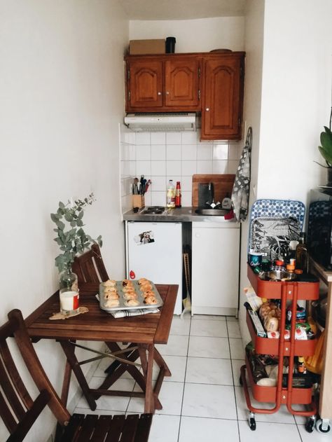 My tiny Paris apartment and tips for surviving life in a small space – That Supersonic Youth Apartment Tiny Kitchen, French Tiny Apartment, Tiny French Apartment, Small Kitchen Ideas Modern Simple Apartment, Cute Tiny Apartment, Ikea Tiny Kitchen, Studio Kitchen Ideas Small, Small Living Space Ideas, Small Kitchen Studio