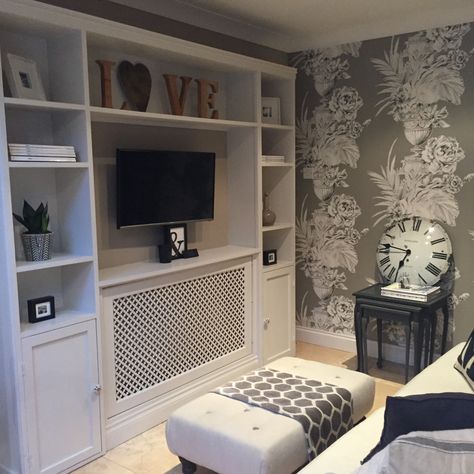 Built In Tv Wall Unit With Radiator Cover, Tv Cabinet Over Radiator, Wall Radiators, Built In Tv Wall Unit, Radiators Living Room, Tv Nook, Built In Shelves Living Room, Tv Cabinet Design, Built In Cupboards