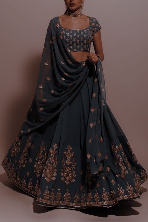 Dark Lehenga Indian Weddings, Dark Lengha, Lenghas For Wedding Guests, Dark Blue Lengha, Aesthetic Lengha, Black Lengha Choli, Dark Blue Lehenga, Indian Wedding Lengha, Simple Lehenga