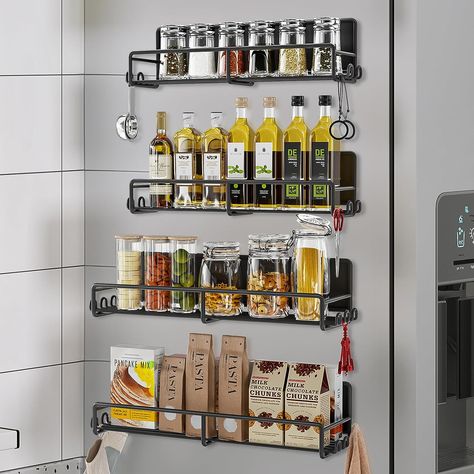 SUNALLY Magnetic Spice Rack for Refrigerator, 4 Pack Magnetic Fridge Shelf with Hooks, Spice Organizer Shelf for Kitchen Organization and Storage, Seasoning Organizer Gadgets for Metal Surface Fridge Shelf, Kitchen Spice Storage, Magnetic Spice Rack, Spice Organizers, Oven Kitchen, Seasoning Rack, Fridge Shelves, Magnetic Spice, Fridge Organisers