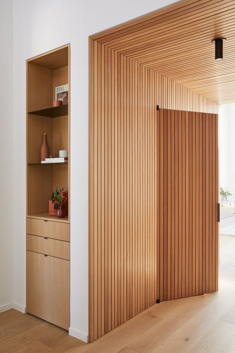 Slat Wall Closet, Minimal Hallway, Library Entrance, Oak Hallway, Entry Shelf, Stilt Home, Townhouse Ideas, Entry Closet, Powder Bathroom