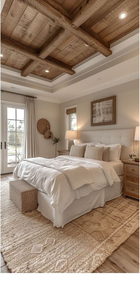 Beam Bedroom Ideas, Bright Neutral Bedroom Ideas, Dream Home Design Farmhouse, Farmhouse Master Bedrooms Decor Ideas, Small Country House Interior, Dream Master Room, Large Guest Bedroom Ideas, Barndo Bedroom Ideas, Two Rooms In One Bedroom