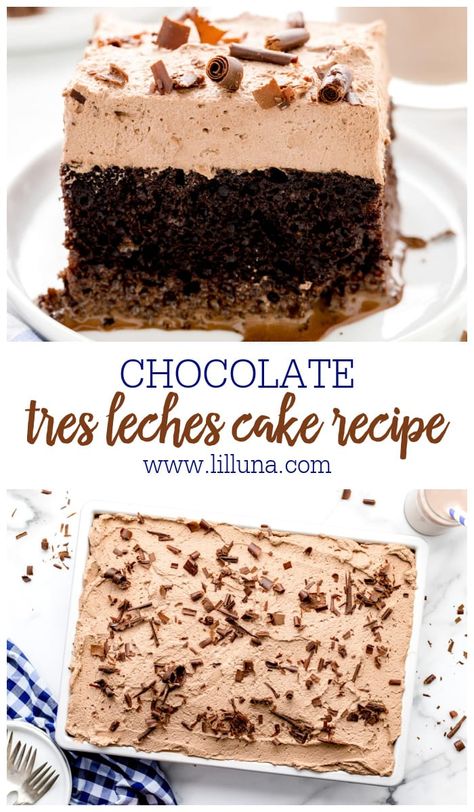 Chocolate Tres Leches Cake is a chocolate twist on a classic Mexican dessert. This chilled treat is rich and decadent! #treslechescake #cake #tresleches #chocolate #dessert Tres Leches Cake Recipe Chocolate, Tres Leches Chocolate Box Cake Recipe, Mexican Chocolate Tres Leches Cake, Chocolate Mocha Tres Leches Cake, Tres Leches Bundt Cake Recipe, German Chocolate Tres Leches Cake, Chocolate Coffee Tres Leches Cake, Espresso Tres Leches Cake, Dos Leches Cake