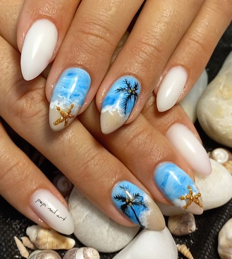 Maldives Nails Design, Goa Nails Design, Disney Beach Nails, Tropical Beach Nails, Palms Nails, Maldives Nails, Trendy Beach Nails, Sea Nail Art, Tropical Nail Designs