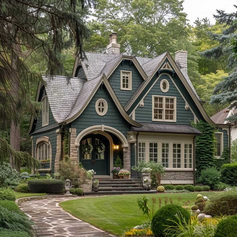 Different House Colors Exterior, Good House Exterior, Vermont Style Home, Painted Green House Exterior, Cool House Colors Exterior, Dream House Cozy Exterior, House By The Forest, Paint Colors For Home Exterior Ideas Small Houses, House Exterior Arches