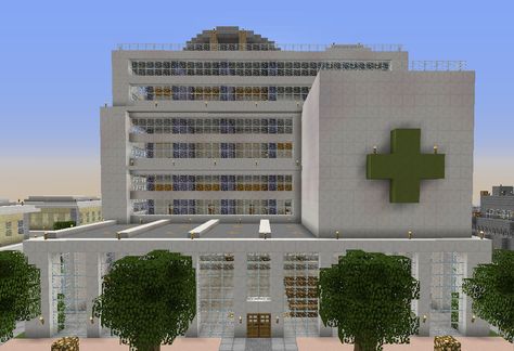 Minecraft Hospital Room, Minecraft Hospital Interior, Minecraft Hospital Ideas, Minecraft Hospital, Minecraft Skyscraper, Minecraft School, Minecraft City Buildings, Modern Hospital, Minecraft Houses Blueprints