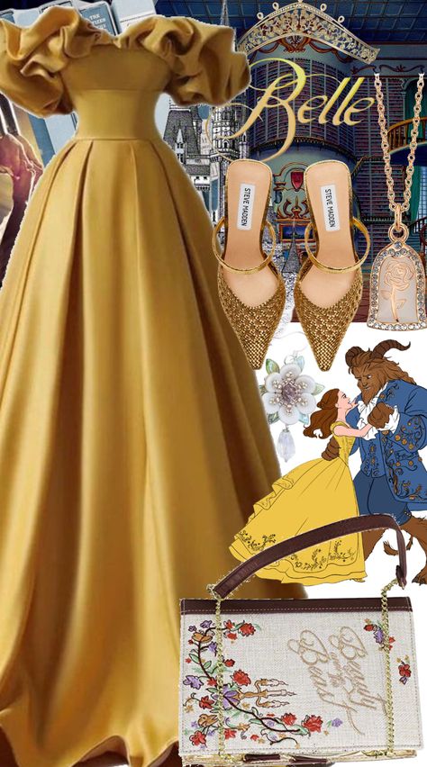 belle the modern beauty and the beast tale outfit ideas | #beauty #beast #yellow #gown #gold #belle #summer #book #fairytale #fairy #library #princess #love #romance #bookbag #movie #disney #disneybound #parks #story #ball#castle #curse #magic #modern #rococo #slippers Belle Gown Beauty And The Beast, Modern Beauty And The Beast, Fairy Library, Belle Inspired Dress, Belle Disneybound, Modern Rococo, Belle Gown, Danielle Nicole Disney, Princess Love