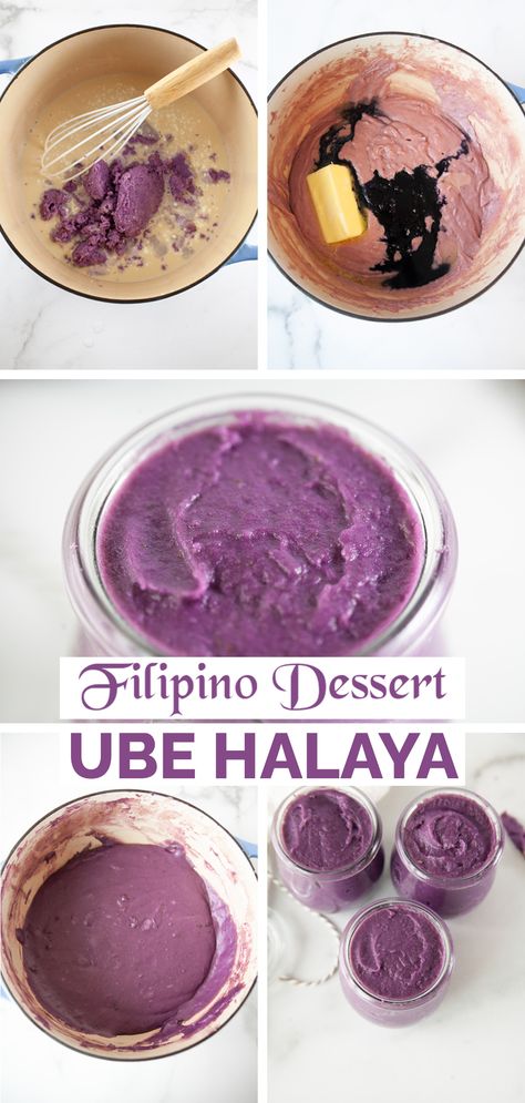 the making of ube halaya then served in glass bottles Ube Halaya Recipe Panlasang Pinoy, Ube Recipe, Ube Halaya Recipe, Ube Extract, Fruity Pebble Cookies, Ube Jam, Ube Halaya, Filipino Dessert Recipes, Regional Recipes