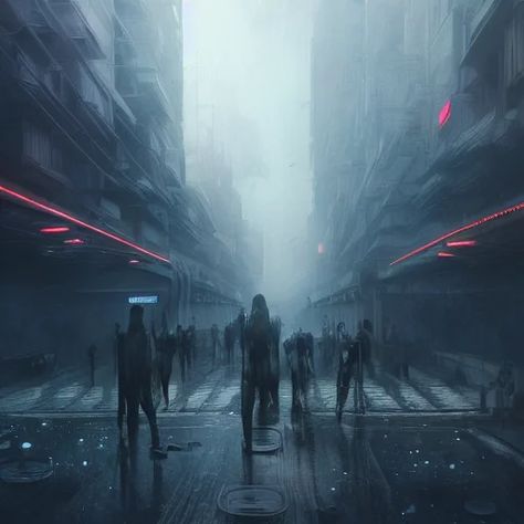 Lexica – Futuristic bleak dystopian city military checkpoint, altered carbon, blade runner, ghost in the shell, digital hologram advertisements, poll... Dystopian New York, Dark Dystopian Aesthetic, Futuristic Dystopian Aesthetic, Digital Dystopia, Ghost Runner, Sheep In Wolves Clothing, Cyberpunk Genre, Dystopian City, Chaos Aesthetic