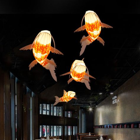 Silk-screen Five-headed Fish Chandelier – lomance Fish Chandelier, Duck In Water, Fish Lanterns, Fish Lamp, Paper Lampshade, A Duck, Fish Shapes, Types Of Lighting, Glass Cleaner