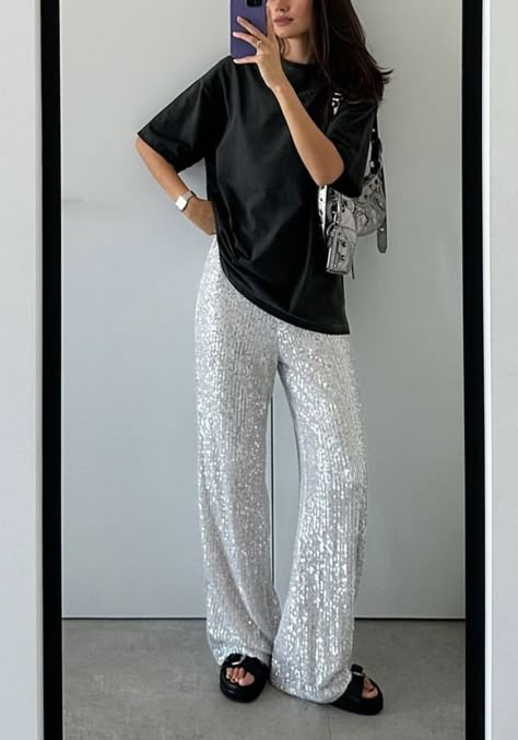 Silver Sparkly Pants Outfit, Sparkle Pants Outfit New Years, Silver Summer Outfit, Sequin Pants Casual Outfit, Grey Sequin Pants Outfit, Silver Bottoms Outfit, Sequin Pants Outfit Casual, Silver Sequin Pants Outfits, Sparkly Pants Outfit