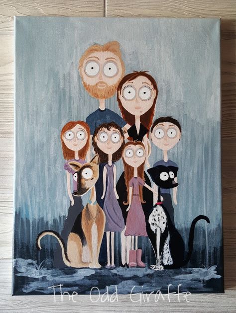 Tim Burton Family Portrait, Easy Family Portrait Painting, Tim Burton Self Portrait Lesson, Family Portrait Painting Ideas, Tim Burton Portraits, Tim Burton Inspired Drawings, Family Portraits Painting, Tim Burton Inspired Art, Tim Burton Drawings Style