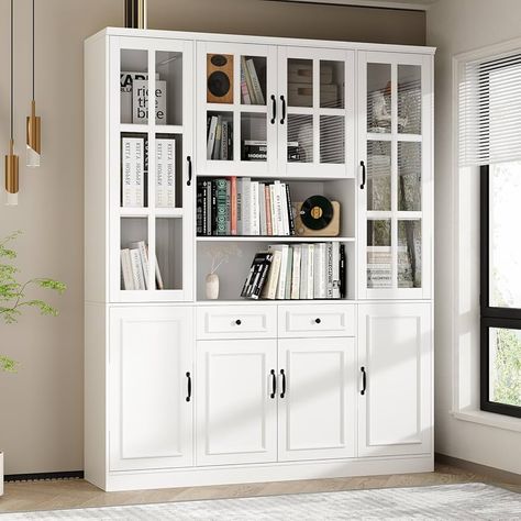 Amazon.com: WOODTIME Tall Storage Cabinet with 4 Glass Doors and Adjustable Shelves, 47.2" W Versatile Bookshelf Kitchen Pantry Cabinet with 15 Shelves & 2 Drawers for Display Living Room Office, White : Home & Kitchen Tall Dining Room Cabinet, Living Room Storage Ideas, Display Living Room, Bookshelf Kitchen, Shelving Cabinet, Cabinet With Glass Doors, Tall Storage Cabinet, Large Bookshelves, Kitchen Pantry Cabinet