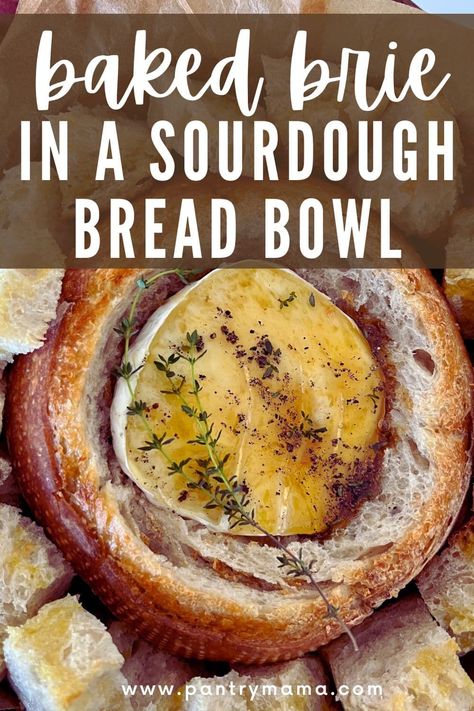 Baked Brie in a Sourdough Bread Bowl - gooey Brie cheese nestled in crusty sourdough bread, drizzled with honey and thyme. Sourdough Bread Bowl Recipe, Artesian Bread, Pantry Mama, Pecan Baked Brie, Bacon Onion Jam, Bread Bowl Recipe, Brie Appetizer, Baking With Honey, Bread Bowl