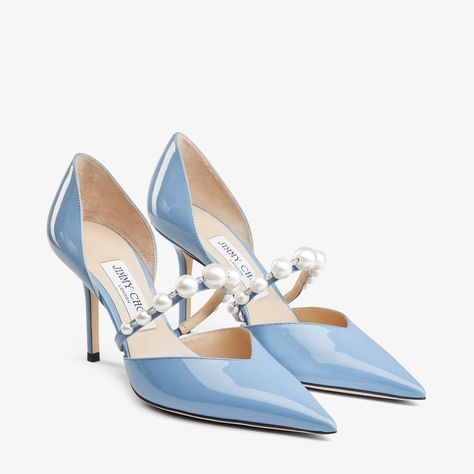 AURELIE 85 | Smoky Blue Patent Leather Pointed Pumps with Pearl Embellishment | Summer Collection | JIMMY CHOO CA Jimmy Choo Aurelie, Cinderella Outfit, Smoky Blue, Jimmy Choo Pumps, Zara Heels, Pointed Pumps, Jimmy Choo Heels, Blue Pumps, Point Shoes