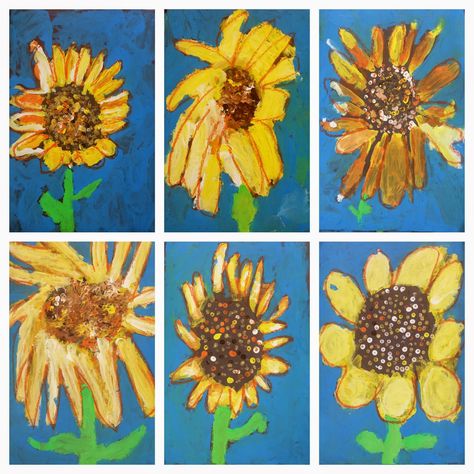 Still life lesson- sunflowers- Van Gogh Sunflower Art For Kindergarten, Sunflower Art Projects For Kids, Simple Art Projects For Kids, Images Of Sunflowers, Sunflower Projects, Art 1st Grade, Simple Art Projects, Sunflower Art Project, Grade 1 Art