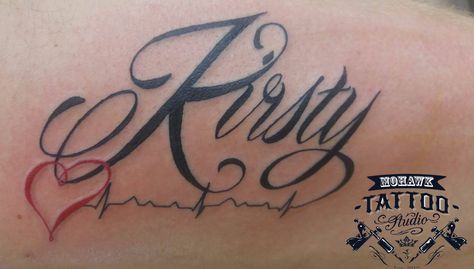 Beautiful ‘Kirsty’ tattoo by Gary :) #font #tattoo #texttattoo #writing #heart #sinusrhythm #heartbeat #writingtattoo #script #scripttattoo #blackandred #scotland #paisley #cool #nice #awesome #nicetattoo #tribute #mohawktattoo #supportgoodtattoos #tattoos #ink #inked #tattooed #cooltattoo #goodttattoos Kartik Name Tattoo, Randy Tattoo Name, Ray Name Tattoo, Devon Tattoo Name, Love Hawk Tattoo, Text Tattoo, Writing Tattoos, Tattoo Script, Name Tattoo