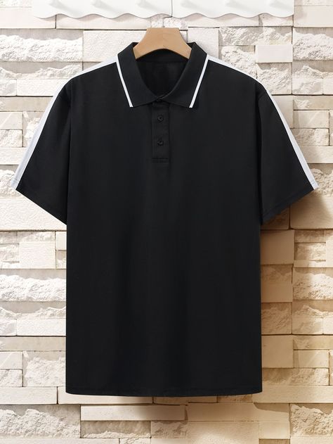 Black Casual  Short Sleeve Polyester Colorblock  Embellished Slight Stretch Summer Men Tops Work Shorts, Black Work, Men Tops, Mens Polo Shirts, Polo Shirts, Black Casual, Mens Summer, Color Blocking, Casual Shorts