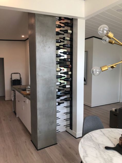 Wine Rack In Wall, Custom Wine Rack Wall, Inset Wine Rack, Wine Rack Room Divider, Room Divider Wine Rack, Metal Wine Rack Ideas, Wine Rack Wall Modern, Wall Wine Rack Ideas, Kitchen With Columns