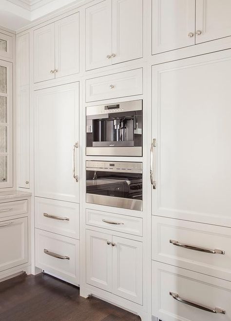 Wolf Built In Coffee Maker, Built In Coffee Maker And Microwave, Microwave Drawers Built Ins, Paneled Refrigerator, Integrated Refrigerator, Built In Coffee Maker, Popular Kitchen Designs, Popular Kitchens, Kitchen Lighting Fixtures