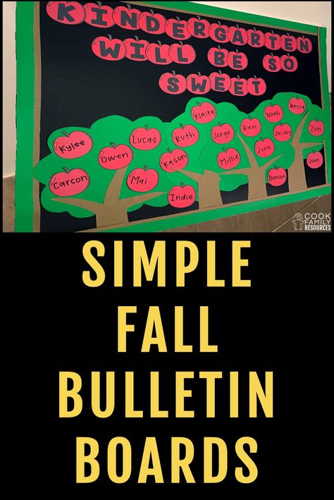 Simple Fall Bulletin Boards, Back To School Bulletin Boards Apples, Apple Themed Classroom Doors, Kindergarten September Bulletin Boards, September Bulletin Boards Elementary, Fall Apple Bulletin Board Ideas, Apple Bulletin Board Ideas Preschool, Apple Bulletin Board Ideas, Fall Preschool Bulletin Boards