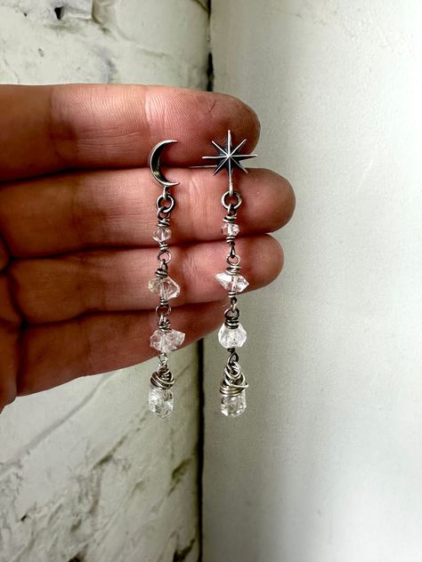 Celestial Earrings Silver Dangle Earrings Boho, Celestial Piercings, Faceless Assassin, Dangly Earrings Silver, Wire Wrapped Jewellery, Northern Star, Earring Inspo, Earring Inspiration, Celestial Earrings