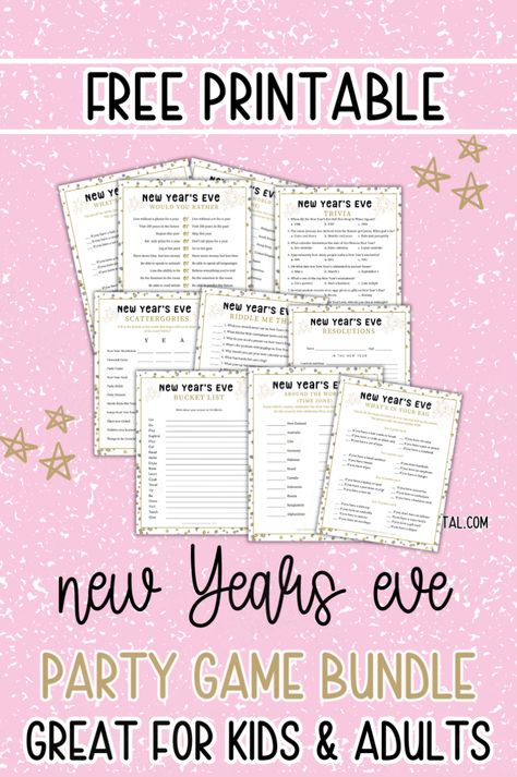 Celebrate New Year’s Eve with 17+ free printable games! From Who Knows Who Best to Would You Rather, these family-friendly games are perfect for kids, teens, and adults. Easy to set up and play, they’re great for adding excitement to your NYE party or a cozy night at home. Download your free printables today and get ready for hours of fun! New Year’s Eve Kids Bingo, Free Printable New Years Eve Reflection Questions, New Year’s Eve Kid Friendly Party, New Year’s Eve Printables For Kids, Nye Bingo Free Printable, Free New Years Eve Escape Room, New Year’s Eve Party Printables, New Years Jeopardy Game, New Year’s Eve Questions For Kids