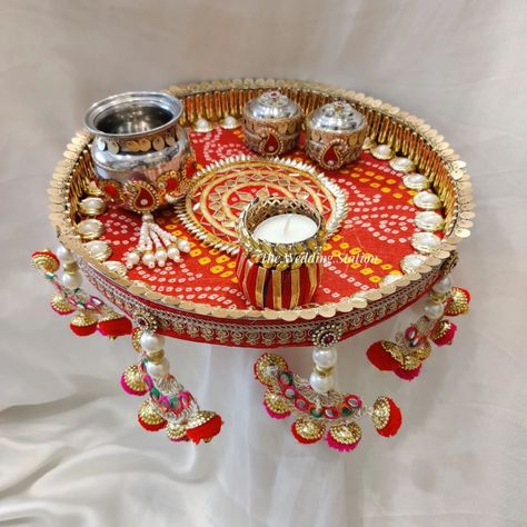 Pooja Thaali are ready to dispatch . Includes - Pooja Thaali Lota 2 boxes ( Roli / Chawal ) 1 candel Order yours now.. . Dm or WhatsApp 9557243888 / 9758751617 Decorate Thali For Wedding, Karwachauth Plate Decoration, Karwa Chauth Plate Decoration, Pooja Thali Decoration Ideas Diy, Karwachauth Thali Decoration Ideas, Karva Chauth Thali Decoration, Aarti Thali Decoration Ideas For Wedding, Haldi Thali Decoration Ideas, Aarti Decoration Thali Ideas