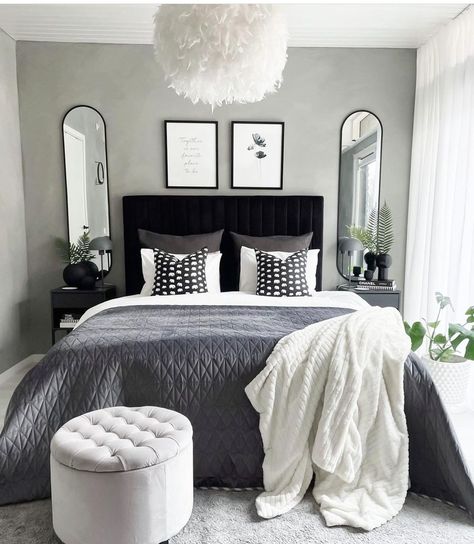 Mirrors Behind Nightstand, Mirrors Behind Nightstand Ideas, Maddie Aesthetic, Mirror Behind Nightstand, Black And Grey Bedroom, Nightstand Ideas, Black Bedroom Decor, Grey Bedroom Decor, Upholstered Bedroom