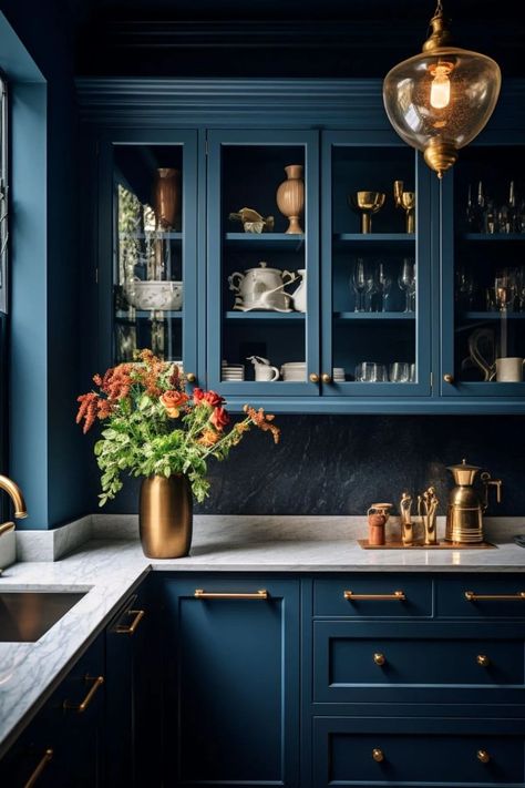 Teal Kitchen Cabinets, Dark Blue Kitchens, Blue Kitchen Walls, Blue Kitchen Designs, Kitchen Cabinet Inspiration, Bold Kitchen, Teal Kitchen, Blue Kitchen Cabinets, Dark Kitchen