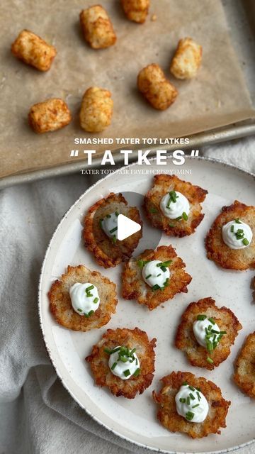 Erin Silberman on Instagram: "TATKES aka SMASHED TATER TOT LAKES •Follow @seriousfoodfetish for more recipes, restaurant recs & food trends• Hanukkah starts tonight which means…latkes (crispy potato pancakes)! Making latkes is a labor of love & if you have made them before, you know it means a potato grating & peeling! I honestly love the tradition, but this year I wanted to give you another fun & easy way to whip up some latkes super fast! All you need is frozen tater tots to make these mini, crispy, air fryer tatkes! Ingredients •frozen tater tots •avoado oil or avocado oil spray •salt —toppings— •sour cream •chives •apple sauce Recipe 1. Pre heat air fryer, coated with avocado oil, 400 for 5 min 2. Place tater tots in air fryer & spray or brush tops with more avocado oil 3. Air