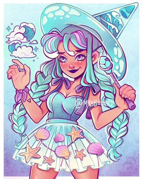 Pastel Halloween Illustration, Air Witch, Witch Drawing, Disney Character Art, Water Witch, Halloween Artwork, Four Elements, Cartoon Girl Drawing, Arte Sketchbook