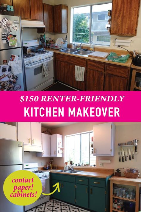 Cabinet Rental Makeover, Rental Apt Makeover, Rental Kitchen Design, Rental Kitchen Countertop, Rental Kitchen Inspiration, Diy Retro Kitchen Decor, Rental Friendly Cabinet Makeover, Cabinet Makeover For Renters, Apartment Kitchen Diy Rental