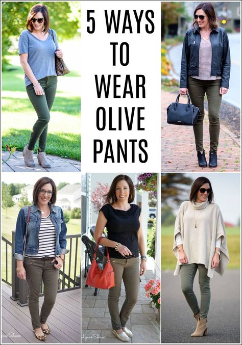 Olive pants or jeans are a great wardrobe essential to have in your arsenal, especially as we head into spring. I tend to pair mine with other neutrals, but you can definitely throw in a pop of color or leopard print here and there.Here are 5 ideas for ways to style your olive pants this season Black Shirt Olive Pants Outfit, Olive Green Pants Outfit Summer, Olive Jeans Outfit, Olive Skinnies, Green Jeans Outfit, Olive Pants Outfit, Olive Outfit, Olive Green Pants Outfit, Neon Prom Dress