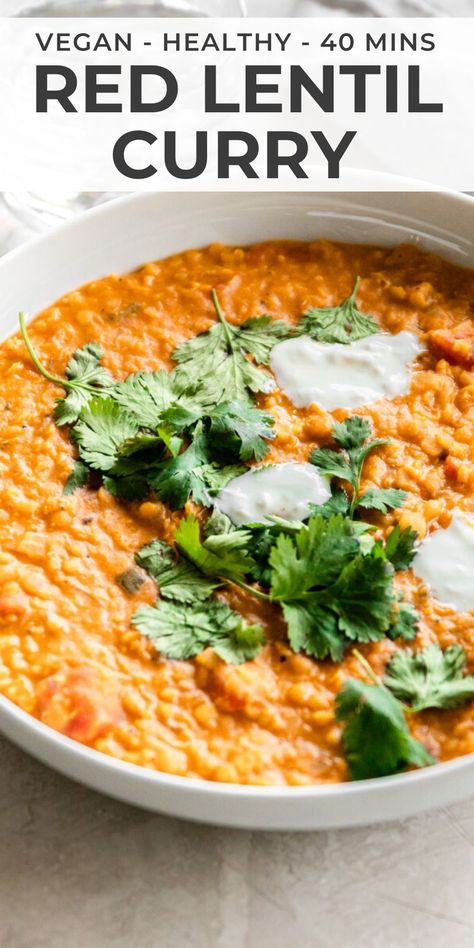 This red lentil curry recipe is the ultimate weeknight lunch or dinner. Nourishing, spicy, and packed with flavor, this comfort meal is made with easy pantry ingredients and comes together in less than 40 minutes.  Vegan, healthy, gluten-free. | realandvibrant.com #realandvibrant #curry #redlentils #redlentilcurry #lentilcurry Red Lentil Curry, Lentil Curry Recipes, Homemade Cookbook, Pantry Ingredients, Lentil Curry, Vegan Healthy, Lentil Recipes, Vegetarian Meals, Curry Recipe