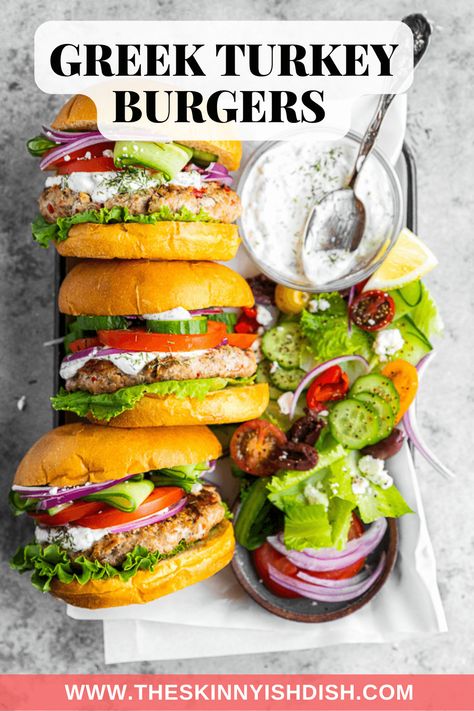 This recipe for Greek Turkey Burgers is juicy and infused with flavors from roasted red peppers, feta, oregano, and onion. Ready in under 25 minutes, these make the perfect meal for a quick weeknight dinner! Greek Sauce, Creamed Turkey, Turkey Burger Recipe, Greek Turkey, Greek Turkey Burgers, Classic Burger, Burger Night, Turkey Burger Recipes, Easy Turkey