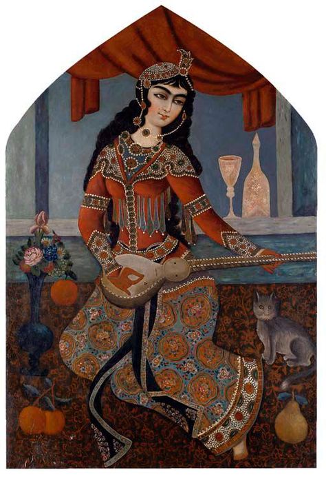 A QAJAR BEAUTY PLAYING A LUTE, IRAN, 19TH CENTURY Oil on canvas, seated on a carpet with a cat sat beside her Qajar Painting, Paintings Tumblr, Qajar Dynasty, Persian Princess, Persian Women, Persian Calligraphy Art, Persian Fashion, Persian Art Painting, Persian Miniature